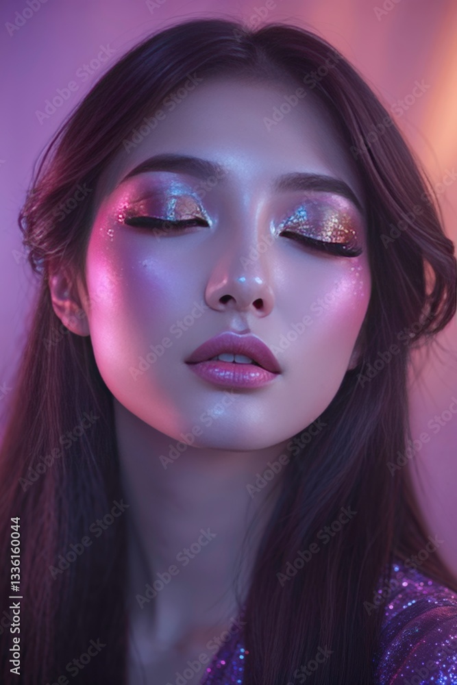 Elegant close-up of a fashionable woman featuring vivid pink hair and glam makeup, emphasizing vibrant colors and modern beauty aesthetics. Elegant close-up of a fashionable woman featuring vivid pink hair and glam makeup, emphasizing vibrant colors and modern beauty aesthetics.