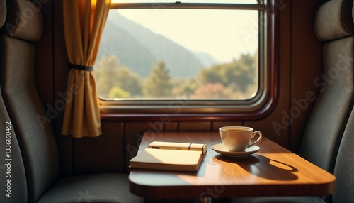 Coffee on train journey with peaceful mood with mountain view