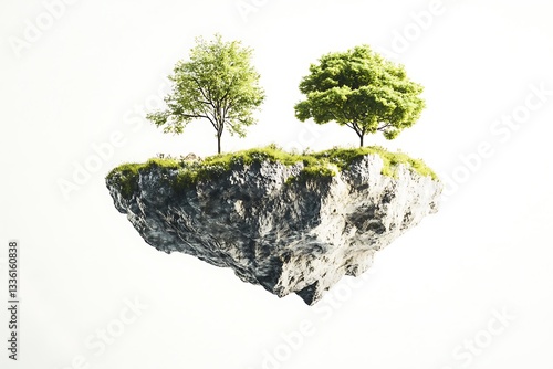 Floating island with trees and grass against white background, surreal nature concept