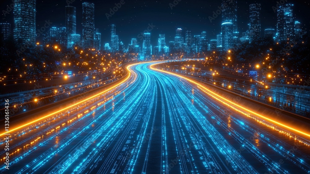 Fototapeta premium Futuristic Cityscape at Night with Bright Light Trails and Skyscrapers Illuminated by Neon