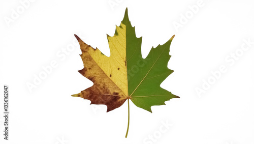 Wallpaper Mural half-green half-brown maple leaf isolated on white Torontodigital.ca