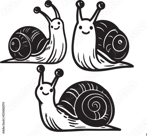 silhouette set of outline of cartonic snail,cartoon snail silhouette vector, black and white snail illustration, snail outline drawing set, snail poses clipart, mollusk silhouette vector, hand-drawn s