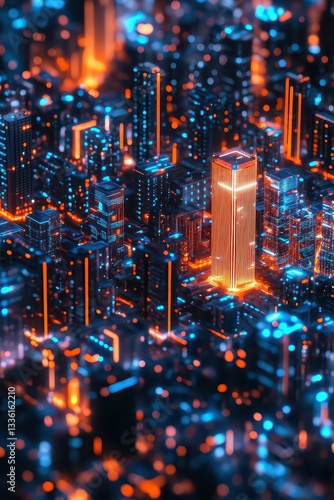 A vibrant aerial view of a futuristic cityscape illuminated by neon lights at night