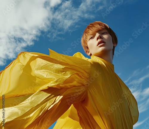 Woman in yellow dress, windswept hair, blue sky.