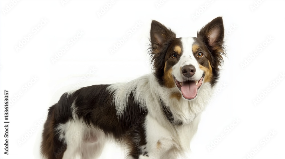 Beautiful black and white Border Collie, laying down side ways, mouth slightly open, looking towards camera, isolated on a white background Beautiful black and white Border Collie, laying down side ways, mouth slightly open, looking towards camera, isolated on a white background