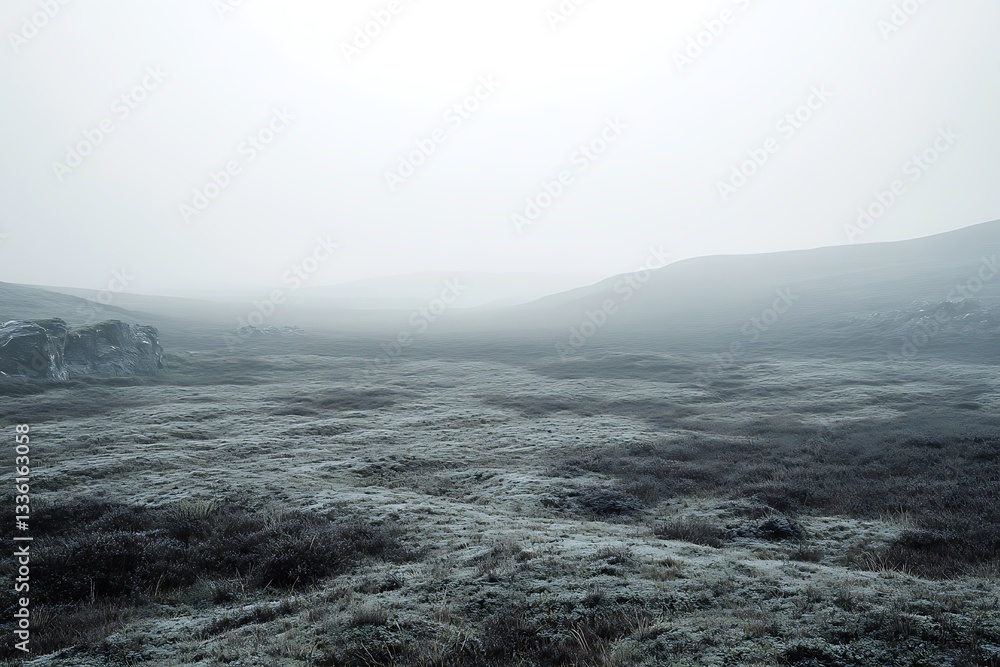 Misty moorland landscape with hills and rocks in atmospheric foggy conditions Misty moorland landscape with hills and rocks in atmospheric foggy conditions
