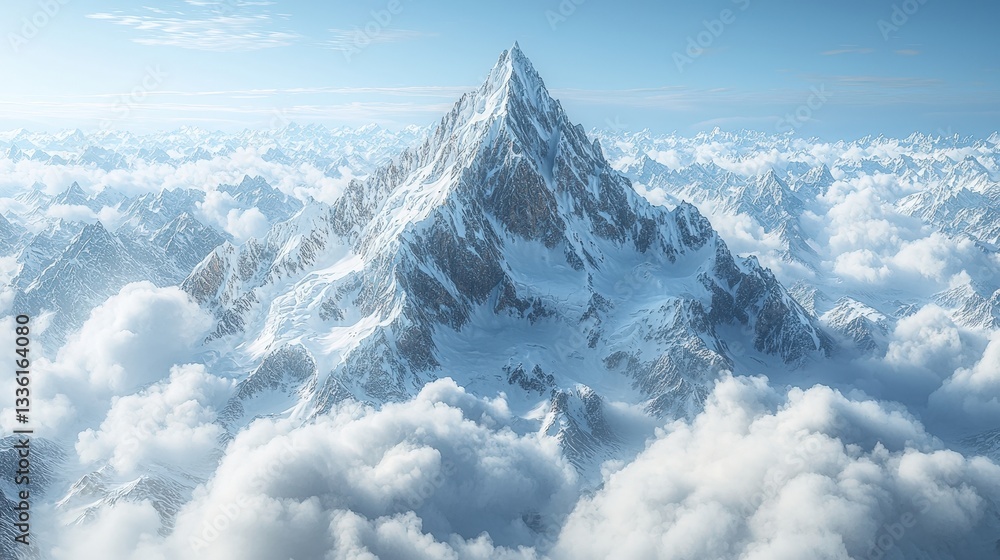 Naklejka premium Majestic Snow-Capped Mountain Peak Surrounded by Soft White Clouds in a Serene Blue Sky