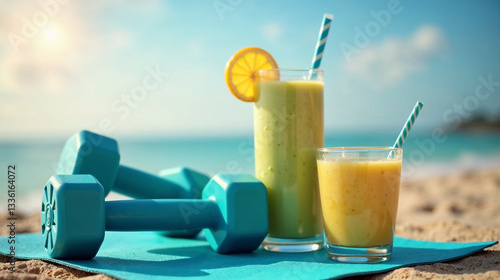 Refreshing summer drinks and fitness on a tropical beach