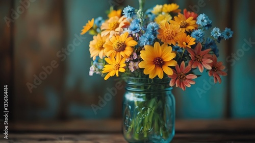 Wallpaper Mural Colorful wildflowers in mason jar, rustic wood background, summer bouquet, home decor Torontodigital.ca