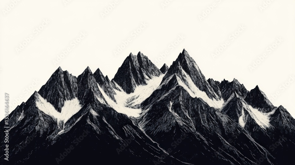 Obraz premium Monochrome mountain range isolated on white background.