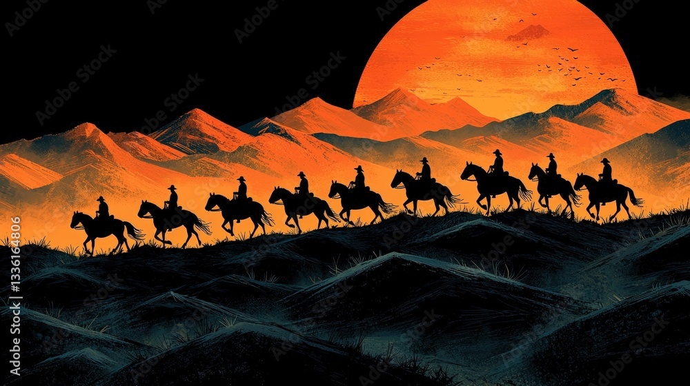 Naklejka premium Silhouetted Horsemen Riding at Dusk with Vibrant Sunset Over Majestic Mountains