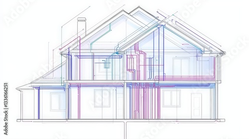 Diagram illustrating the routing of electrical wiring, plumbing pipes, and gas lines within a home’s structure, highlighting safe installation and integration of essential utilities.
