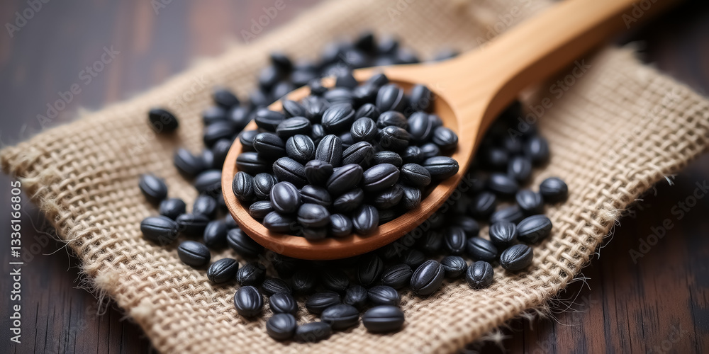 black beans in a wooden spoon on burlap black beans in a wooden spoon on burlap