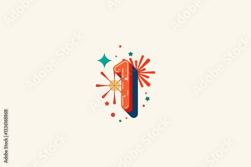 Logo Number Colorful 1st, 1st Happy Birthday or Anniversary with fireworks concept. Happiness and funny design concept.