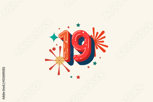 Logo Number Colorful 19th, 19th Happy Birthday or Anniversary with fireworks concept. Happiness and funny design concept.