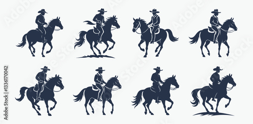 Cowboy on horse silhouette, rodeo rider vector, western icon

