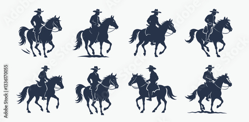 Cowboy on horse silhouette, rodeo rider vector, western icon
