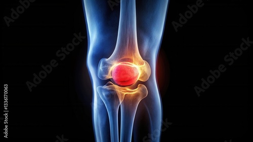 Anatomical rendering of a human knee joint highlighting inflammation in the patella
