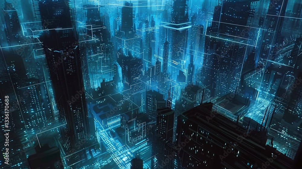Futuristic glowing cityscape with skyscrapers and towers at night digital financial and technological innovation concept Futuristic urban landscape with illuminated modern architecture Futuristic glowing cityscape with skyscrapers and towers at night digital financial and technological innovation concept Futuristic urban landscape with illuminated modern architecture