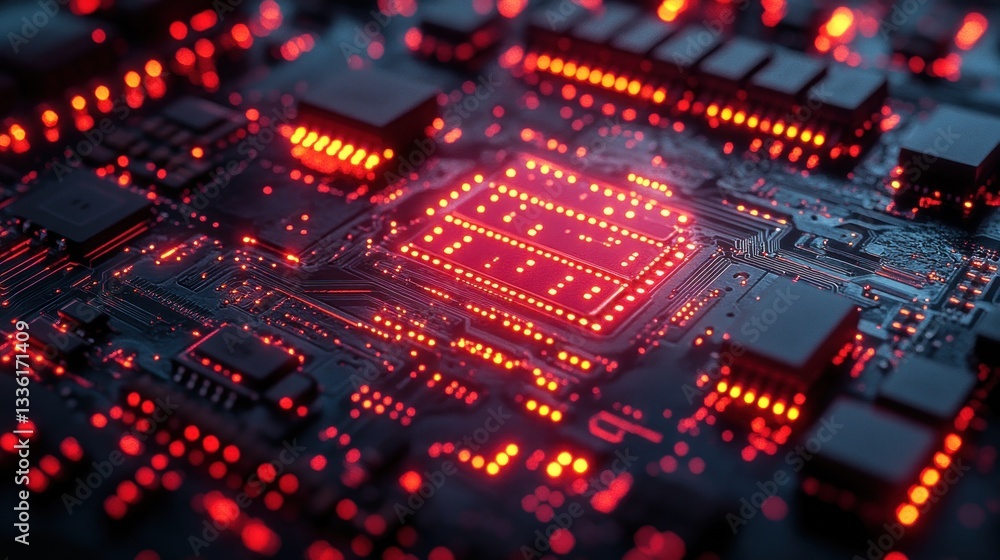 Illuminated CPU on Circuit Board, Technology, Red Glow Illuminated CPU on Circuit Board, Technology, Red Glow