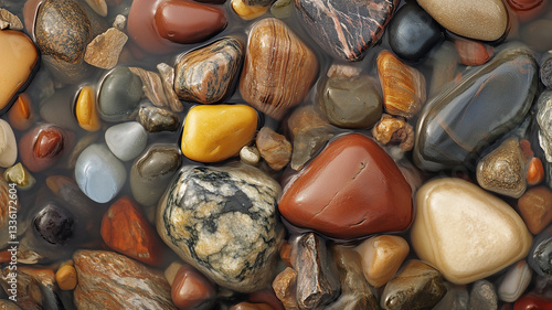 Natural Background a mesmerizing riverbed adorned with polished stones and pebbles, demonstrating the meticulous craftsmanship of Mother Earth