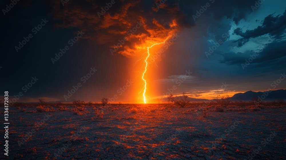 Obraz premium Desert sunset lightning strike storm landscape