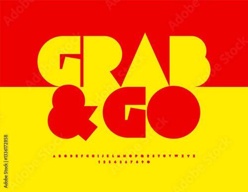Vector Bright Advertisement Grab and Go. Big Geometric Red Font. Trendy Alphabet Letters and Numbers.