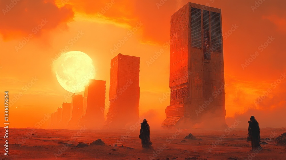 Fototapeta premium Desert landscape, figures walking towards futuristic towers at sunset