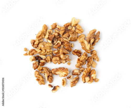 Chopped wallnut , broken roasted walnuts powder, heap of nuts crumbs, whole kernel pieces