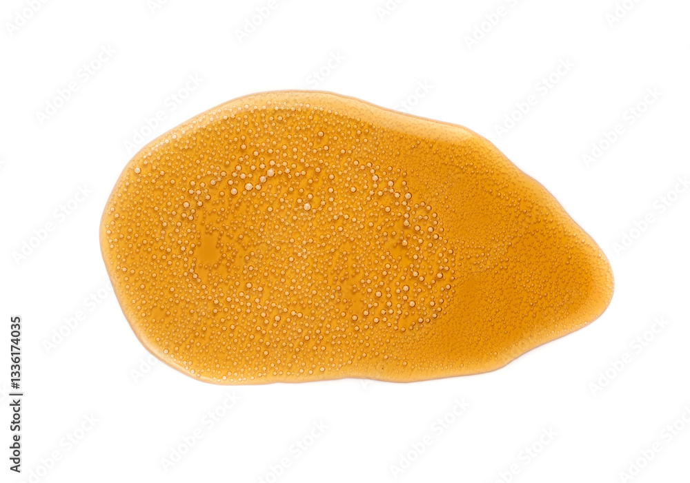 Spilled soda isolated, soft drink puddle, liquid stain, beer splatter, brown sparkling water with bubbles