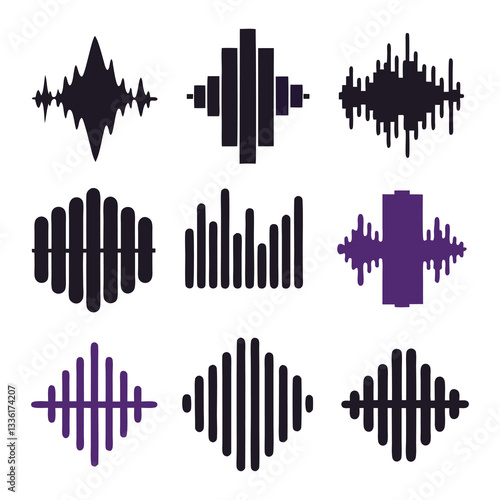 set of 9 sound-wave music icons of silhouette black shape vector illustration isolated on white background