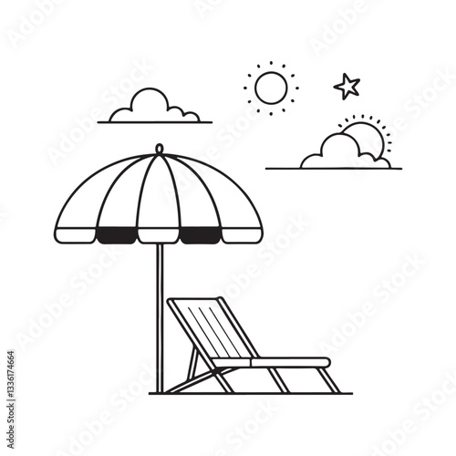 This icon depicts a beach chair under the sun, embodying the essence of summertime, relaxation, and coastal enjoyment.