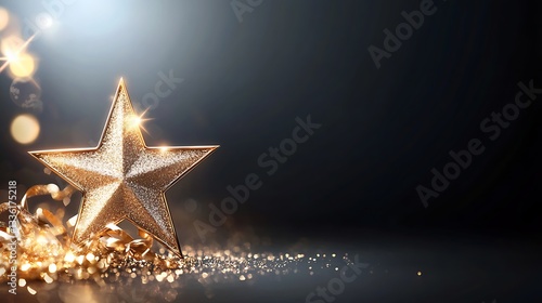 Golden star shape light on black background with light effect and sparkles. Luxury celebration award design template.