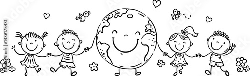 Symbol of peace, funny children holding hands, outline cartoon kids and earth, line art