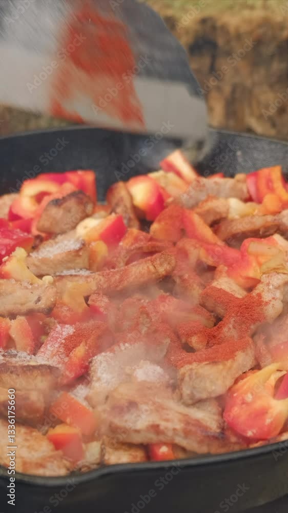 Vertical video of young man adding salt and spices to a steaming pan of colorful vegetables and meat at winter time. Cooking outdoors concept Vertical video of young man adding salt and spices to a steaming pan of colorful vegetables and meat at winter time. Cooking outdoors concept
