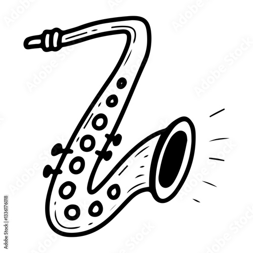 Wind musical instrument saxophone. Hand drawn doodle. Trumpet, French horn, pipe, horn. Sound source. Musician's equipment. Blowing air. Vector line art illustration.