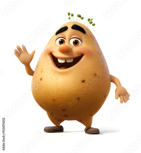 Adorable anthropomorphic potato character with a happy face, waves his hand. Small sprouts on its head, isolated on white background. Character, symbol, mascot of potato. Friendly vegetable character