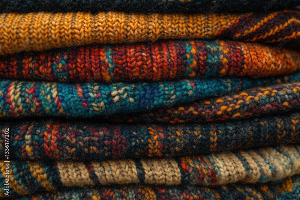 A vibrant stack of knitted sweaters showcasing various patterns and colors in a cozy setting A vibrant stack of knitted sweaters showcasing various patterns and colors in a cozy setting