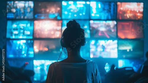 Cyber Surveillance Hub - Woman Monitoring Multi-Screen Display
