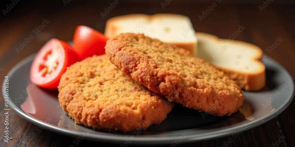 two golden-brown oat cookies served with bread and tomato slices on a gray plate two golden-brown oat cookies served with bread and tomato slices on a gray plate