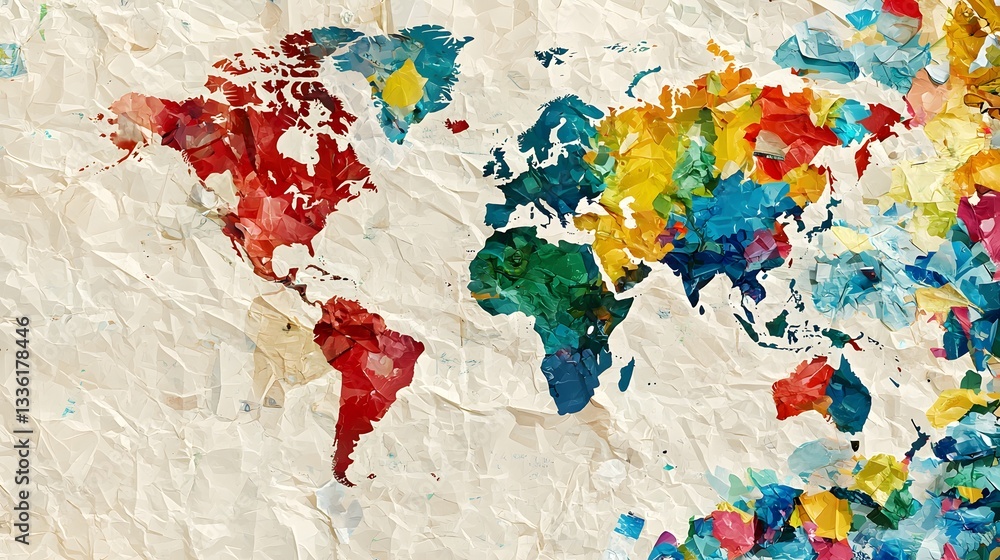 Naklejka premium Vibrant Colorful World Map with Crumpled Paper Texture Background