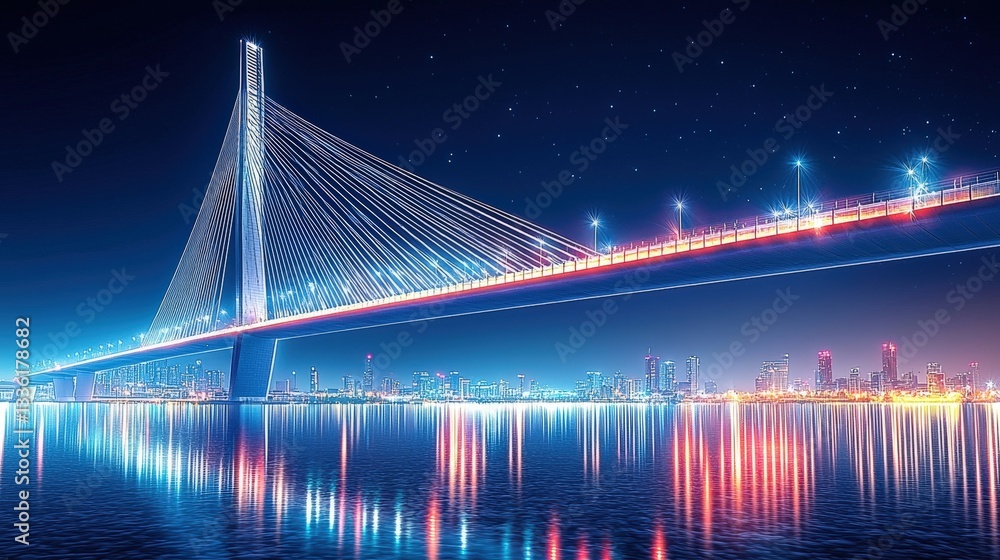 Obraz premium Stunning Night View of a Modern Suspension Bridge Illuminated Over a Calm River