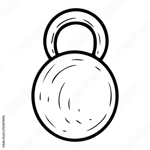 Sports kettlebell. Hand drawn doodle. Building muscles and strength. Gym workout. Healthy lifestyle. Fitness equipment. Heavy iron object. Vector line art illustration.