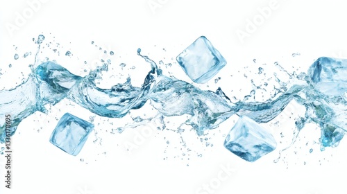 Ice cubes with water splash and drops. Cold mineral water, natural aqua or cocktail drink realistic vector splashes or frozen motion ripples ice cubes. beverage, soda isolated white background