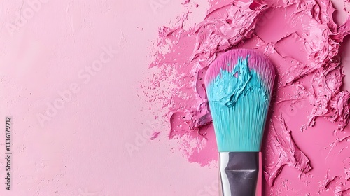 Colorful Paintbrush with Pink Paint on Light Pink Background