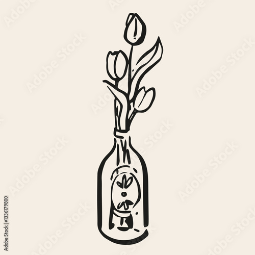 Tulips in wine bottle. Conceptual, naive flower sketch. Hand drawn ink vector illustration. Element for poster, social media, banners, invitation. Trendy spring card template. 