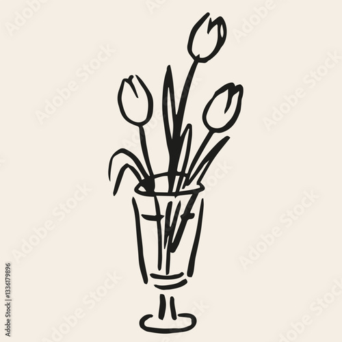 Tulip in tall glass. Conceptual, naive flower sketch. Hand drawn ink vector illustration. Element for poster, social media, banners, invitation. Trendy spring card template. 