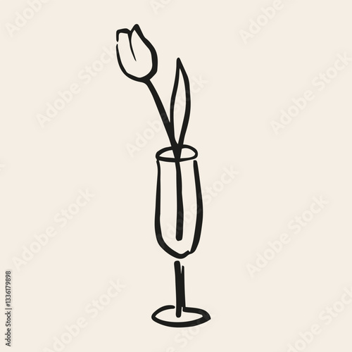 Tulip in champagne glass. Conceptual, naive flower sketch. Hand drawn ink vector illustration. Element for poster, social media, banners, invitation. Trendy spring card template.