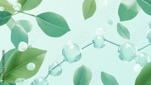 Water molecules wrapped around green leaves, symbolizing the interconnectedness of nature and science in a bright, clean style.