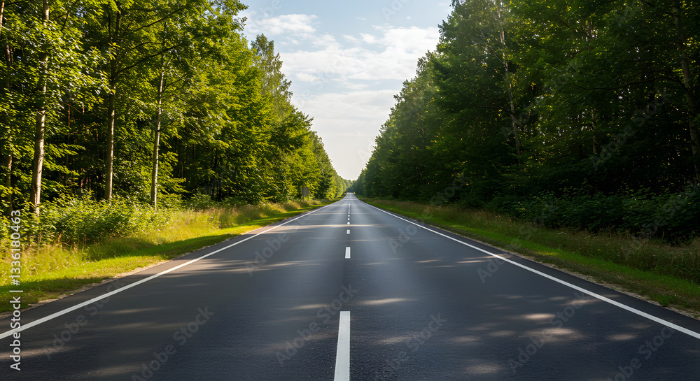 Fototapeta premium Scenic Summer Landscape with an Asphalt Road Cutting Through Verdant Forests 